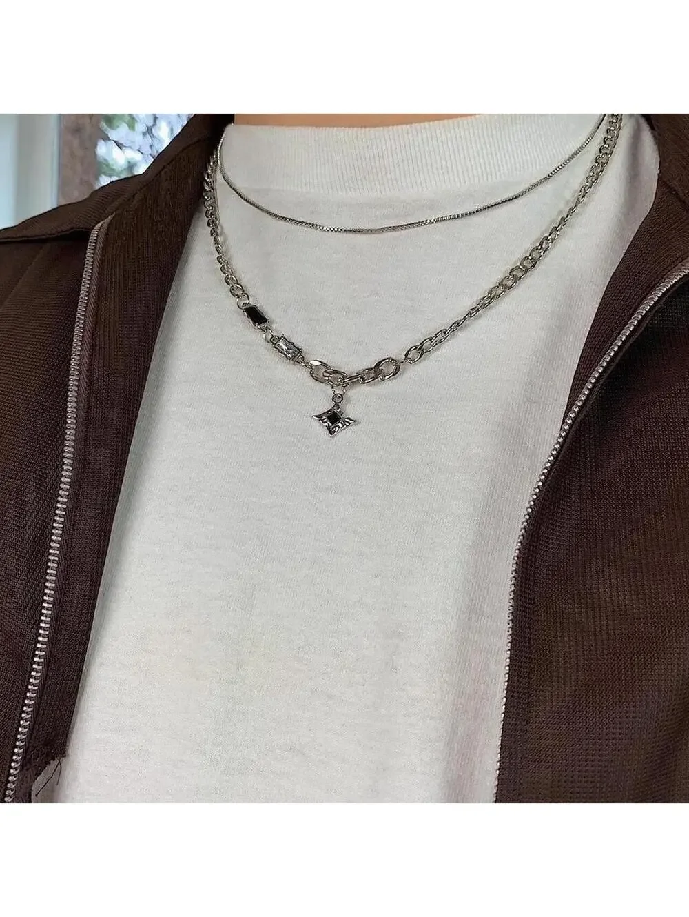 Cyber Y2k silver black opal star pendant Cuban link layered chain necklace